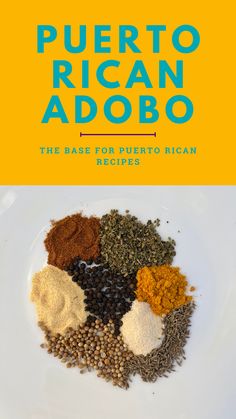 the cover of puerto rican adobo is shown on a plate with spices and seasonings