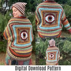 a crocheted sweater with an eye on the front and back, in multicolors