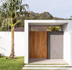 an entrance to a house with a palm tree in the foreground and grass on the ground