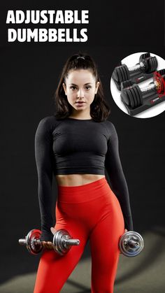 a woman in red tights holding two dumbbells with the words, adjustableable dumbbells