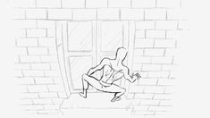 a drawing of a man running in front of a brick wall with an open door