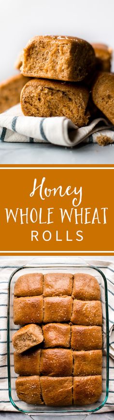 honey whole wheat rolls are stacked on top of each other in front of a glass baking dish