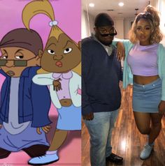 two people standing in front of a cartoon character and an image of the same person