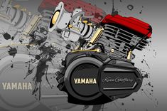 an illustration of a yamaha engine with the words yamaha on it and some paint splatters