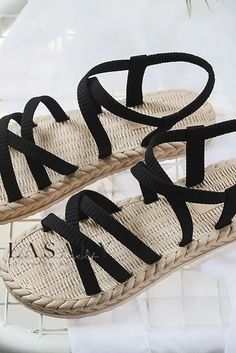 Lasaky - Stylish Womens Flat Sandals with Artfully Woven Straw Sole and Subtle Low Heel. Beach Slides, Ladies Shoes, Sandals Brands, Womens Sandals Flat, Casual Sandals, Fashion Flats, Back Strap, Gladiator Sandals, Black Heels