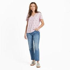 Our signature lightweight, breathable fabric in a relaxed silhouette and timeless V-neck design. Ideal for casual gatherings, running errands or lounging at home. Pair with jeans or Life is Good Everyday shorts or joggers for ultimate good vibes. 100% USA Grown Cotton 4.57oz Garment washed for softness. Relaxed fit with a slight dropped shoulder. Flattering self-fabric v-neck and interior back neck tape for a clean finish. Features an all-over print (aka: good vibes on all sides). Imported | Lif Casual V-neck Top With Relaxed Fit, Relaxed Fit V-neck Top For Casual Gatherings, Casual V-neck Top For Vacation, Summer V-neck Casual Top, Comfortable V-neck Summer Tops, Effortless V-neck Top For Vacation, Comfortable V-neck Tops For Spring, Comfortable V-neck Relaxed Fit Tops, Comfortable Relaxed Fit V-neck Top