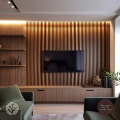 modern living room with wood paneling on the wall