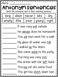 an antony sentence worksheet for students to practice their writing and spelling skills in the classroom