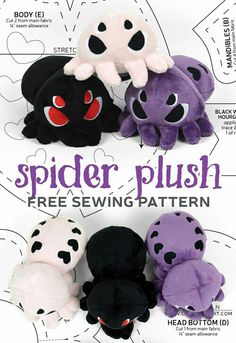 the spider plush sewing pattern is shown in three different colors and sizes, with instructions for how to sew it