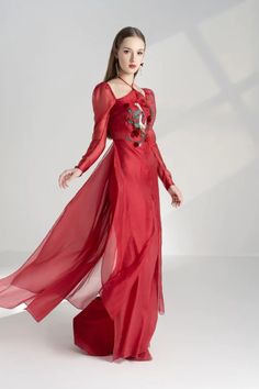 Annie A-line Puffy Sleeved Silk Organza Floor Length Ao Dai | MEAN BLVD Happy Clothes, Mean Blvd, Organza Fabric, Silk Organza, Puffy Sleeves, Designer Collection, Online Fashion, Floor Length, Latest Fashion Trends