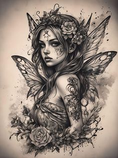 a woman with flowers and butterflies on her body is depicted in this tattoo art drawing