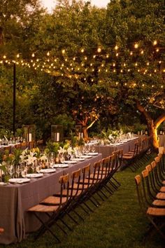 a long table is set up for an outdoor dinner