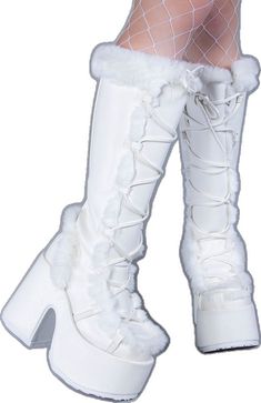 CAMEL-311 White Vegan Leather Boots-Demonia-Tragic Beautiful White Winter Boots With Plush Lining, White Plush Lined Winter Boots, White Plush-lined Boots For Winter, White Boots With Plush Lining For Winter, White Synthetic Platform Boots For Winter, Winter Party Platform Boots In Synthetic, Knee-high Chunky Platform Boots For Winter, Knee-high Winter Platform Boots With Chunky Platform, Chunky Platform Knee-high Boots For Winter