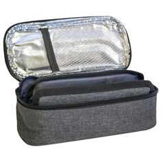 an open gray and black case with silver linings on the inside, sitting in front of a white background