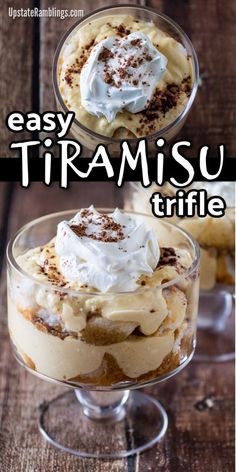 two desserts with whipped cream and chocolate on top, one in a trifle