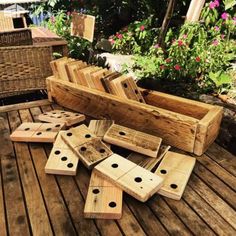 several pieces of wood sitting on top of a wooden deck