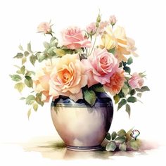 a painting of some pink roses in a vase