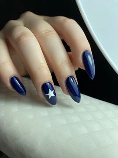 Simple Dark Blue Nail Designs, Navy Blue Almond Nail Designs, Navy Blue Nail Ideas Almond, Dark Blue Almond Acrylic Nails, Blue Nail Ideas 2024, Navy Blue Nails Aesthetic, Blue Grunge Nails, Blue Star Nails Acrylic, Navy Blue Nails With Stars