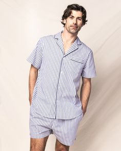 Now, our bestselling pajama styles are available as short sets for men! This Classic Short Set is accented with, contrast piping and finished with pearl buttons. The fabric is made from 100% of the finest quality cotton. It is yarn-dyed to prevent fade and brushed for added softness making the sleepwear feel absolutely luxurious, getting cozier after each wash. You will be tucked in luxury and off to dreamland. Bonne nuit. Cotton Sleepwear With Camp Collar For Loungewear, Classic Summer Sleepwear, Classic Summer Sleepwear For Loungewear, Classic Cotton Summer Sleepwear, Classic Summer Sleepwear In Relaxed Fit, Striped Cotton Short Sleeve Sleepwear, Classic Cotton Sleepwear For Pajama Party, Striped Cotton Sleepwear For Home, Striped Cotton Sleepwear With Relaxed Fit