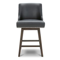 an upholstered bar stool with studding on the back and seat, in black leather