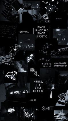 black and white collage with different types of text on it, including the words