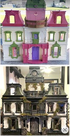 two pictures of the same doll house in different colors and sizes, one is pink and green