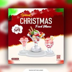 a flyer for a christmas food menu with three glasses of ice cream and two scoops of fruit