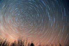 star trails in the night sky above trees