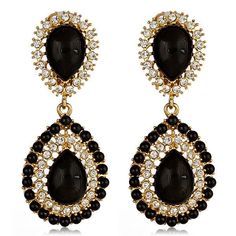 Kenneth Jay Lane Petra Black Cabochon and Crystal Drop Earrings Black Crystal Chandelier, Gold Rhinestone Earrings, Swarovski Crystal Drop Earrings, Black Gold Jewelry, Crystal Chandelier Earrings, Black Jewelry, Gold Rhinestone, Black Earrings, Earrings Black