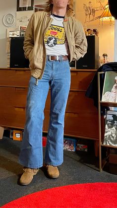 GAP Member Jacket Coors Banquet Ringer Tee Brown Leather Belt Lee’s Bellbottoms  Minnetonka Moccasin Boots  #70s #1970s #retro #vintage #vintageclothing #mens #menstyle #minnetonka 70s Dinner Party Outfit, 70s Modern Fashion Men, 70s Masc Fashion, Men’s Modern 70s Fashion, 70s Clothes Men, 70s Aesthetic Fashion Men, 70s Men’s Fashion, 70’s Mens Fashion