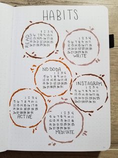 an open notebook with writing on it and the words habitts written in different languages