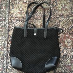 Must Be Vintage, Can't Find Duplicate Online, Looks Brand New Black Shoulder Bag With Leather Trim, Black Shoulder Bag With Leather Trim For Daily Use, Black Shoulder Bag With Leather Trim For Errands, Casual Black Bag With Leather Trim, Black Leather Trim Shoulder Bag For Shopping, Casual Black Crochet Bag For Travel, Casual Black Crochet Travel Bag, Black Crochet Tote Bag For Travel, Elegant Black Crochet Travel Bag