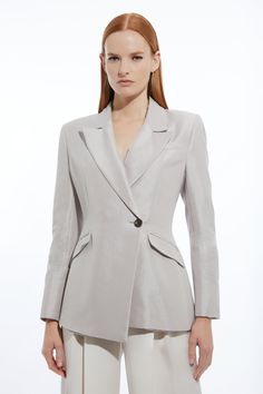 Turn Heads All Evening Long In Our Blazer, Tailor-Made, With A Fitted Silhouette And A Wrap Style, As Well As A Unique, Metallic Fabric. Style This Piece With Anything, From The Matching Trousers And Heels To Jeans And Trainers, For A Look Perfect For Office Days, Date Nights, And Beyond. Fluid Tailored Metallic Asymmetric Wrap Blazer High Quality Metallic Fabric Unique Wrap Style V Neckline Flattering Fitted Silhouette Button Front Fastening Matching Trousers Sold Separately Petite Work Outfits, Fashion Library, Hen Do Outfits, Petite Wedding Guest Dresses, Workwear Capsule Wardrobe, Wrap Blazer, Workwear Capsule, Casual Work Pants, Plus Size Workwear