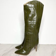 Schutz Maryana Military Green Croc Embossed Leather Tall Heeled Boots 5b >Only Worn Once Or Twice >Style: Maryana Tall Boot >Stiletto Heel, Pull On >Pointed (Pointy) Toe >Color: Military Green Crocodile Embossed Leather >Size 5 B >Heel Height Is Approx. 3 1/2in >Calf Circumference Is Approx. 13 1/2in >Shaft Height Is Approx. 16in (Measured From The Tallest Part At The Top) Please Remember That Color Can Vary From Different Devices. May Have Sticker Residue On Bottom Sole Or Footbed From Previous Twice Style, Tall Heeled Boots, Green Crocodile, Croc Leather, Tall Boot, Tall Boots, Military Green, Stiletto Heel, Shoes Heels Boots