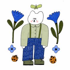 a drawing of a bear wearing overalls with ladybugs