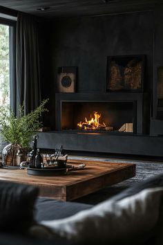 a living room filled with furniture and a fire place next to a large glass window