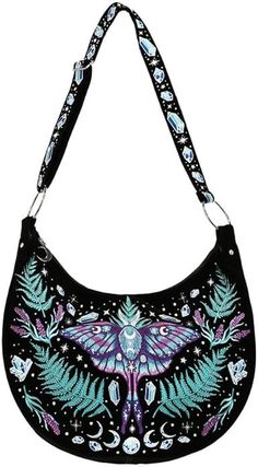 "Step into the mystical world of the Enchanted Forest with our 
breathtaking Luna Moth Hobo Bag by Restyle! 🌙✨ Embrace boho vibes and 
magical embroidery that captivates with vibrant colors. This 
one-of-a-kind design is the perfect summer goth accessory. Carry a piece
 of enchantment wherever you go! #Restyle #EnchantedForest #LunaMoth 
#BohoStyle #SummerGoth" Magical Embroidery, Embroidery Purse, Embroidery Clothing, The Enchanted Forest, Goth Accessories, Summer Goth, Mystical World, Luna Moth