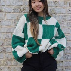 Oversized Knit Checker Sweater Checkerboard Knit Sweater, Oversized Plaid Casual Sweater, Casual Oversized Plaid Sweater, Checkered Sweater Outfit, Checker Sweater, Checkered Sweater, Green Checkered, Chunky Knit Sweater, Oversize Knit