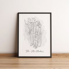 a black and white drawing of two people holding each other on a shelf next to a wall