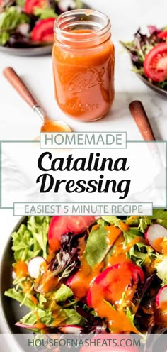 homemade catalina dressing recipe in a mason jar with salad and fresh fruit on the side