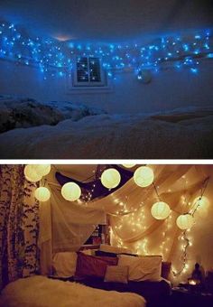 two pictures with lights hanging from the ceiling and on the wall in front of a bed