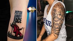 two photos side by side, one with a tattoo and the other with an image of a man on his arm