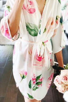 Floral Bridesmaid Robes make a cute gift! Pink Bridesmaid Sleepwear, Feminine Floral Print Sleepwear For Wedding Night, Pink Summer Dress For Bridal Shower, Satin Kimono With Floral Print, Floral Print Satin Kimono, Spring Floral Print Satin Kimono, Spring Satin Kimono With Floral Print, Feminine Spring Wedding Robe, Feminine Spring Wedding Night Robe