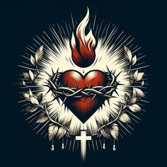 a heart surrounded by barbed wire with a cross on the side and flames coming out of it