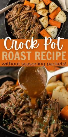 the crock pot roast recipe is shown with potatoes and carrots in it, on a black plate