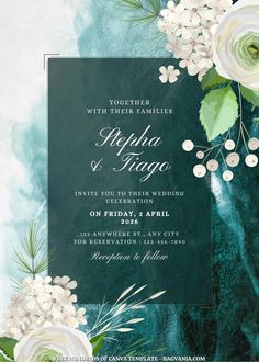 an elegant wedding card with white flowers and greenery on the front, in teal tones