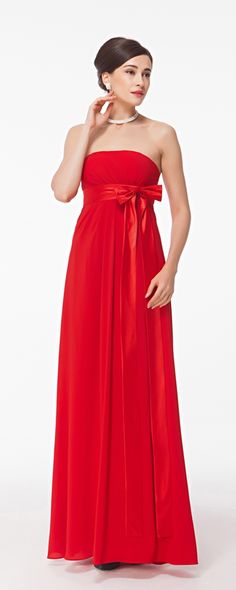 Red prom dress empire waist long prom dresses with bow Red Empire Waist Dress, Boat Neck Dress Formal, Prom Dresses With Bow, Red Long Prom Dresses, Valentine Outfits For Women, Dresses With Bow, Apple Body Shape, Empire Waist Gown, Red Strapless Dress