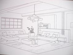 a drawing of a living room with couches and a coffee table in the corner