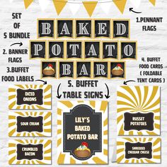 a set of food labels and banners for baked potato bar, including bundts