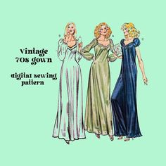 Digital sewing pattern for vintage dress. Perfect for selkie dupe or cottagecore. Kwik Sew, Gown Pattern, Vintage Nightgown, Full Length Gowns, 70s Vintage, Make And Sell, Vintage Sewing, Digital Pattern, Etsy Australia